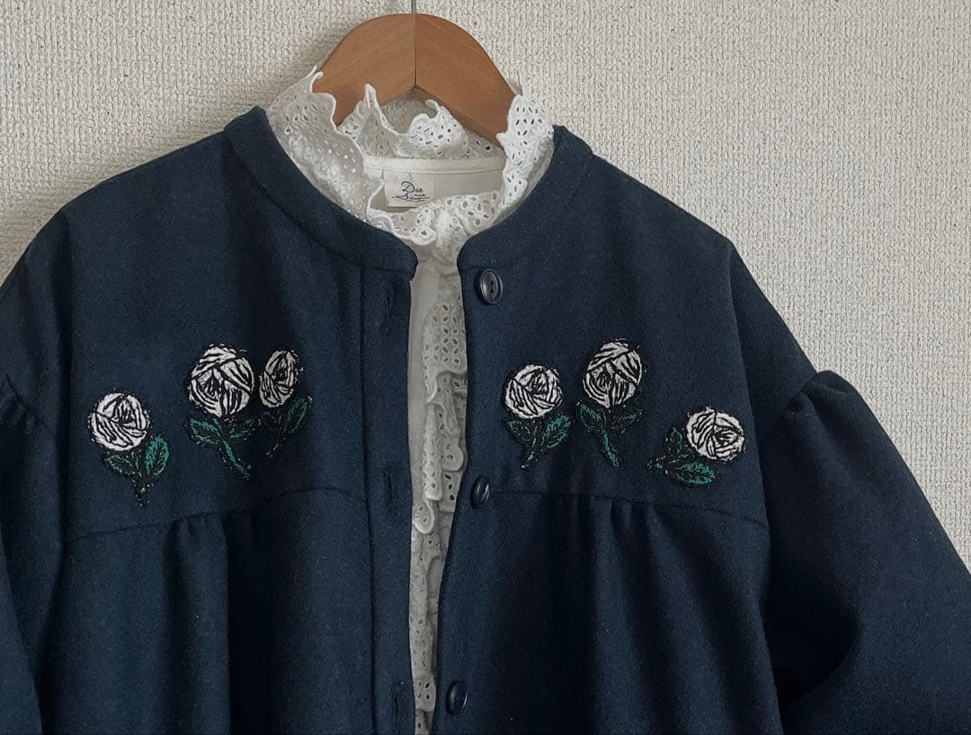 ミナペルホネン　rosy 紺　ウール　切替ギャザー　ブルゾン　ジャケット　総裏