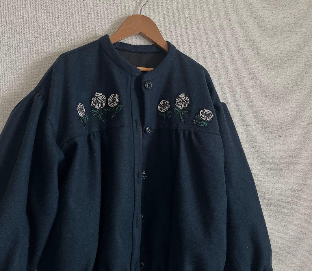 ミナペルホネン　rosy 紺　ウール　切替ギャザー　ブルゾン　ジャケット　総裏