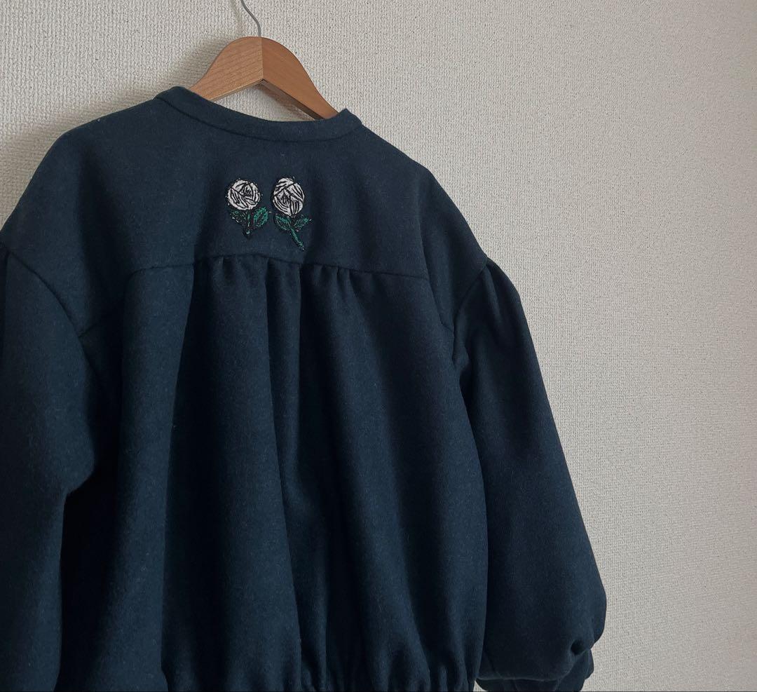 ミナペルホネン　rosy 紺　ウール　切替ギャザー　ブルゾン　ジャケット　総裏