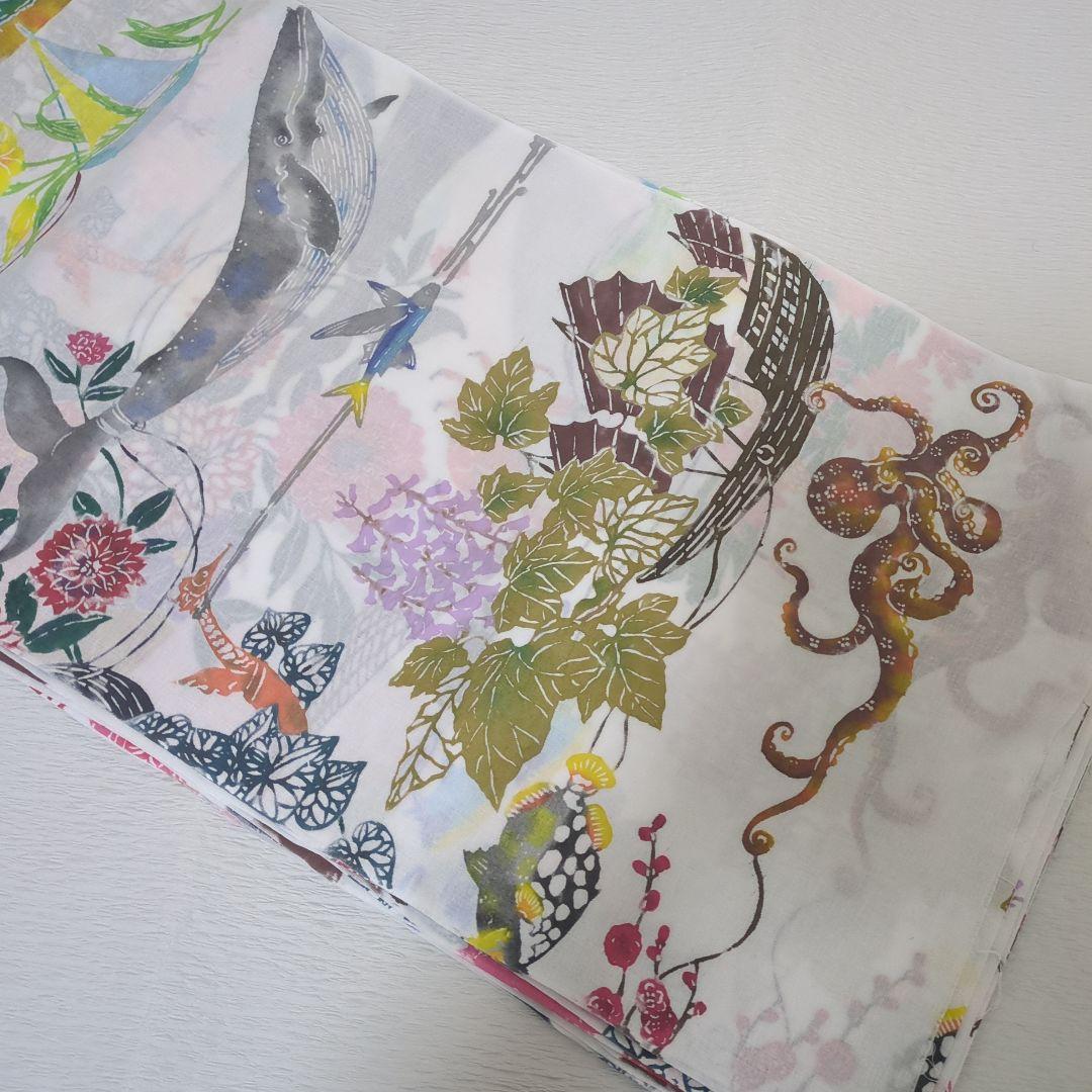 浴衣 反物 綿 海の生き物 型絵染