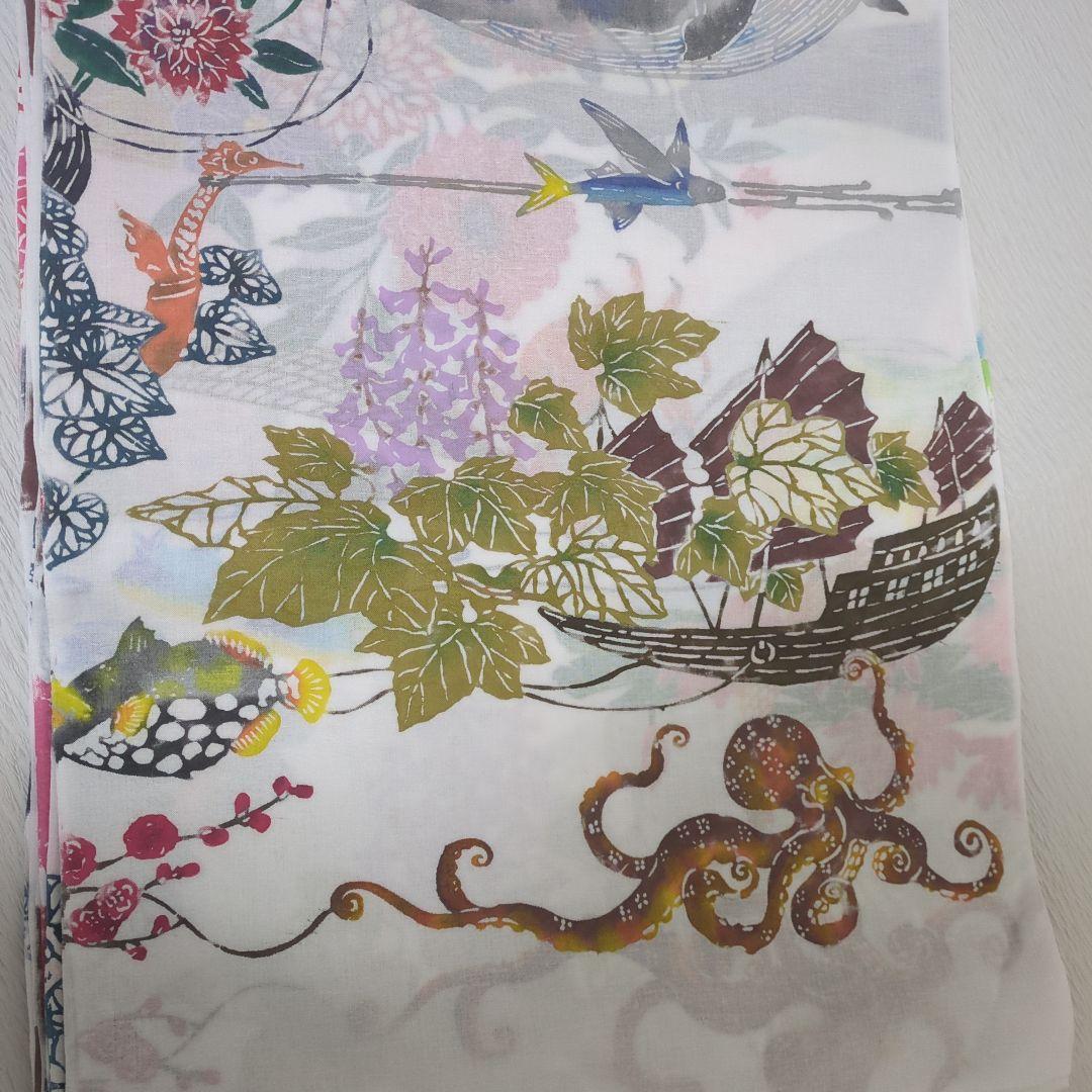 浴衣 反物 綿 海の生き物 型絵染