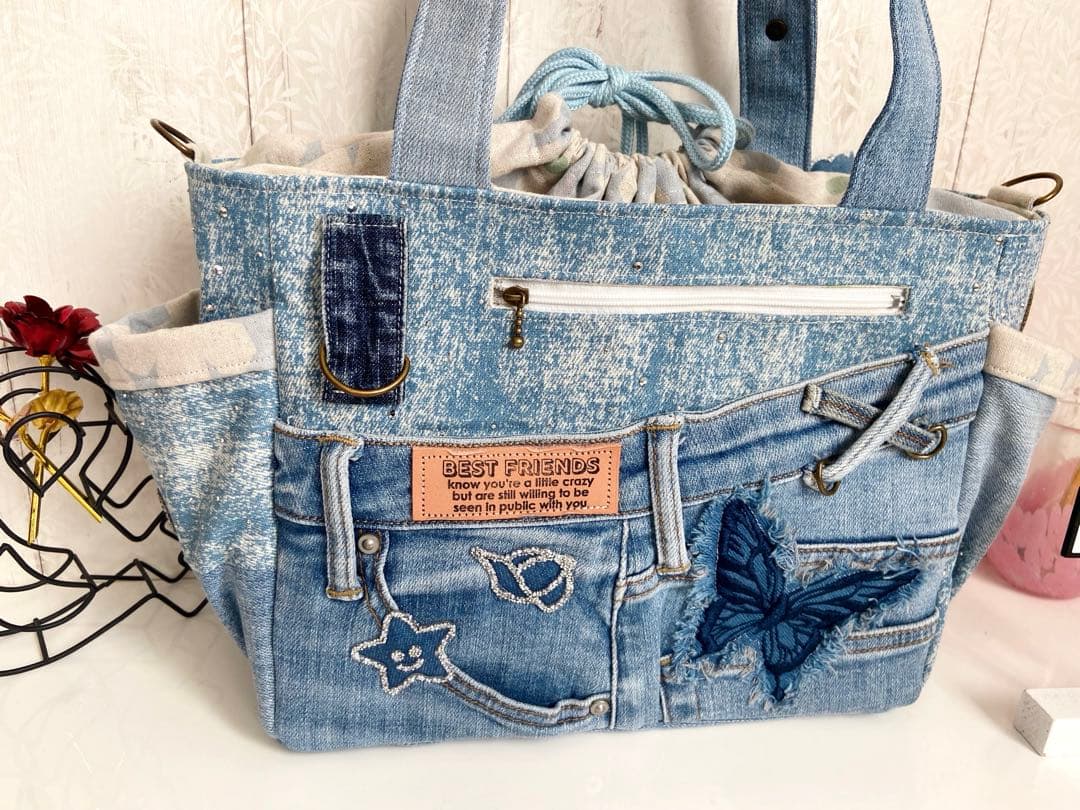 デニムリメイクバッグ　キラキラストーンデニム