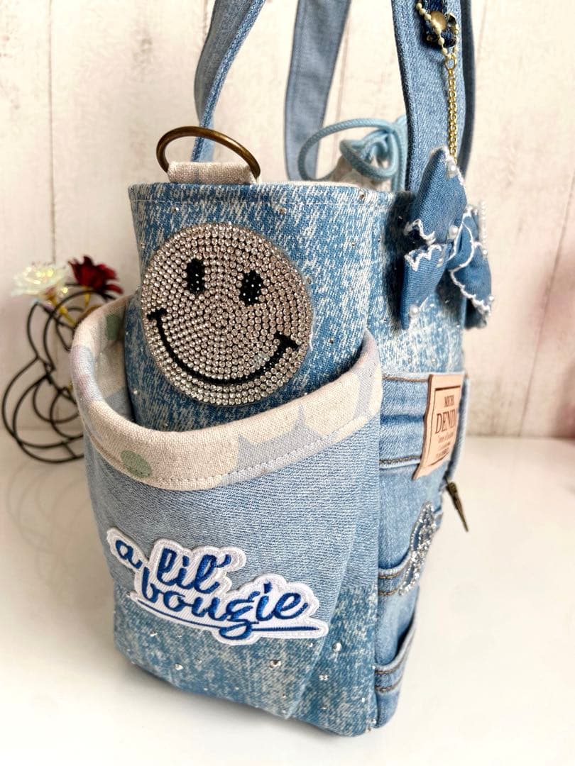 デニムリメイクバッグ　キラキラストーンデニム