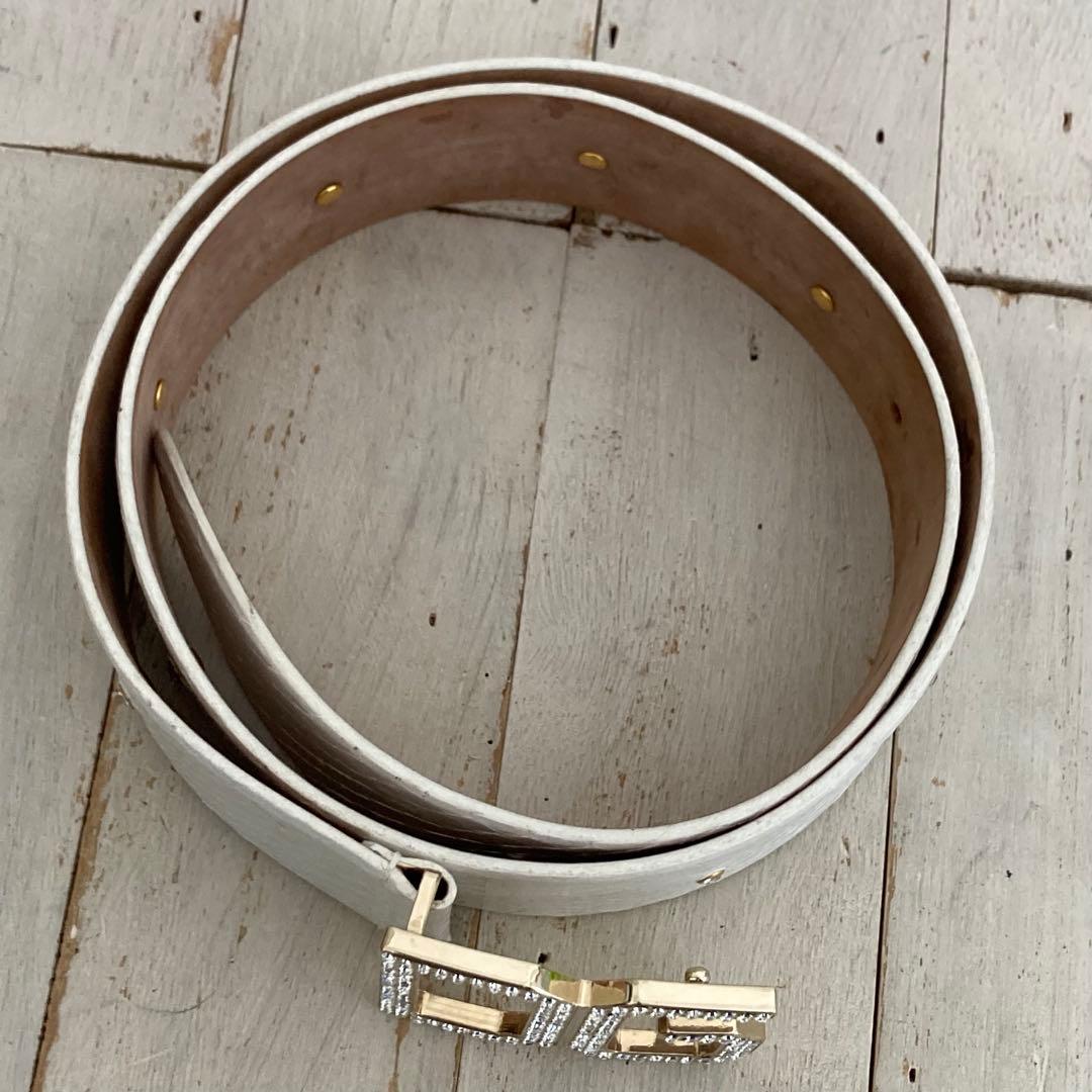 D&G ドルチェ＆ガッバーナ ベルト レザー ラインストーンロゴ ホワイト