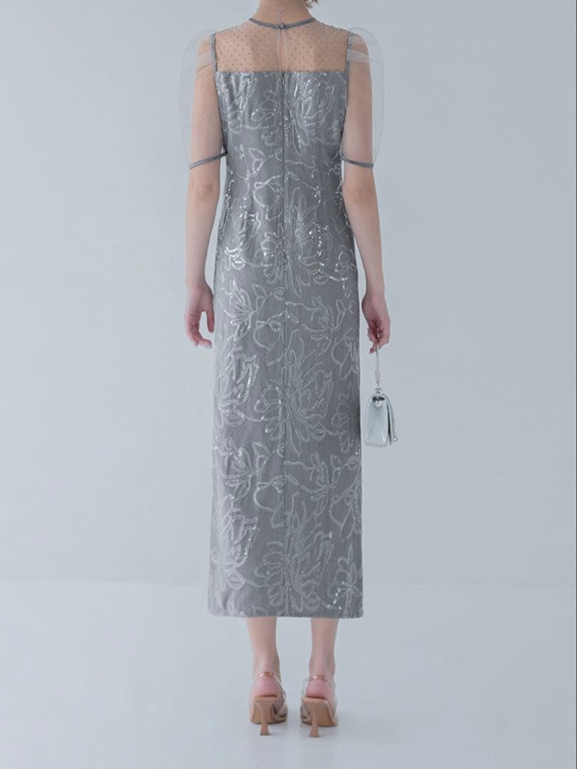 ドットチュールフラワースパンコールIラインワンピースドレス結婚式二次会成人式