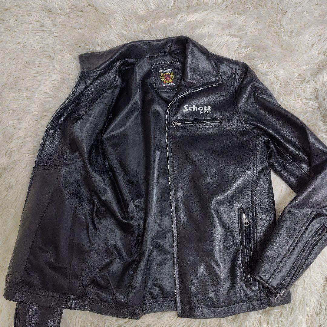 希少✨Schott ラムレザージャケット ロゴ刺繍 黒 XS
