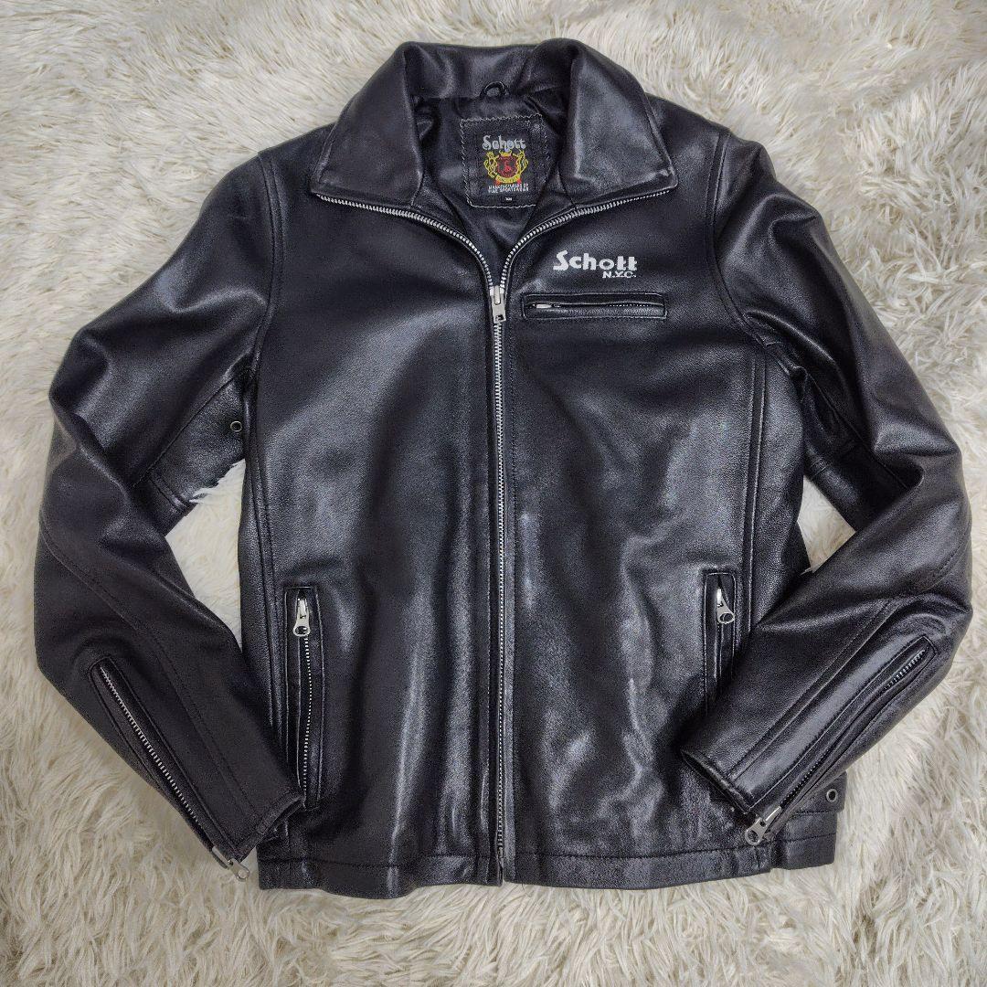 希少✨Schott ラムレザージャケット ロゴ刺繍 黒 XS