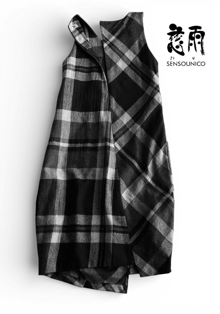美品 慈雨/センソユニコ 毛100%アシンメトリーチェックマキシワンピース40L