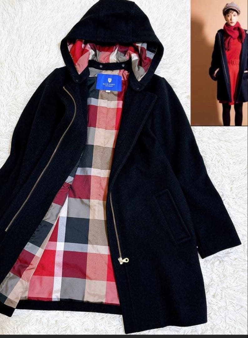 極美品☆ブルーレーベルクレストブリッジ CBチェック ファー コート黒36