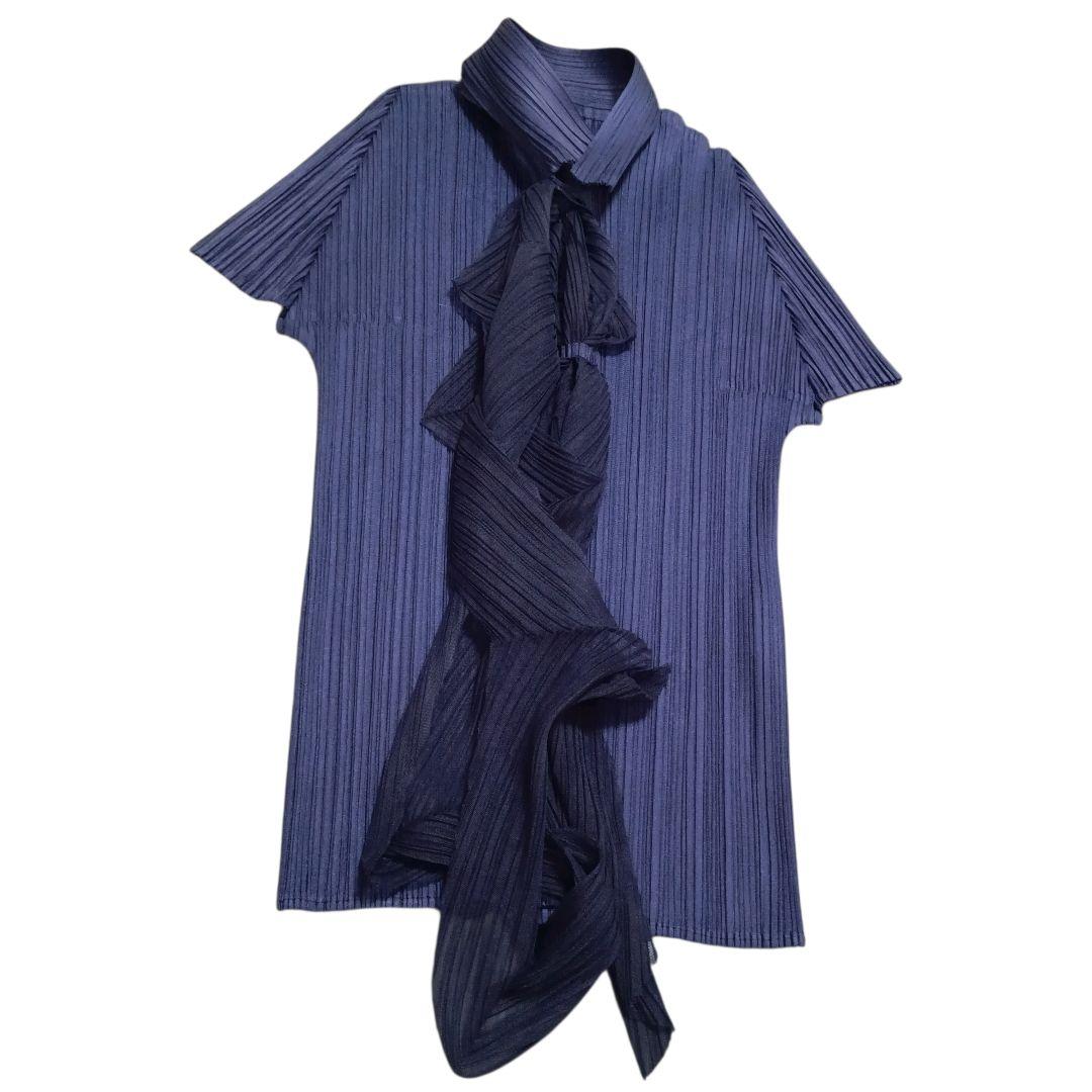 ✨PLEATS PLEASE ベルトリボン付 変形プリーツ カットソー 濃紺 L