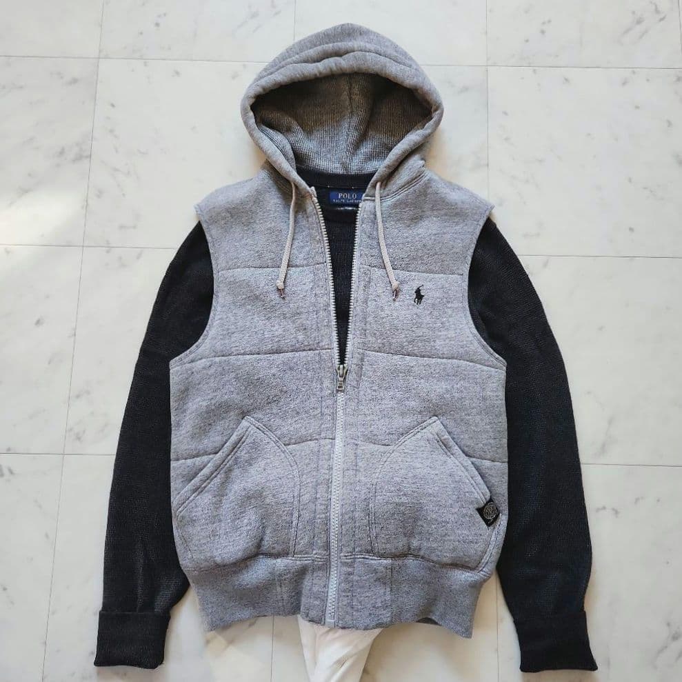 美品 ラルフローレン 中綿ベスト ポニー刺繍 フード付き グレー 男女兼用