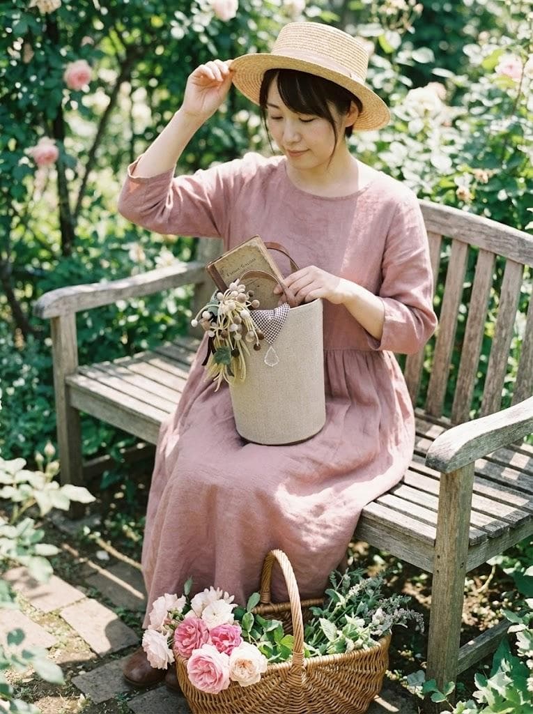 【美品】刺繍作家　森れい子さんのバケツ型バッグ/ 花コサージュ付き