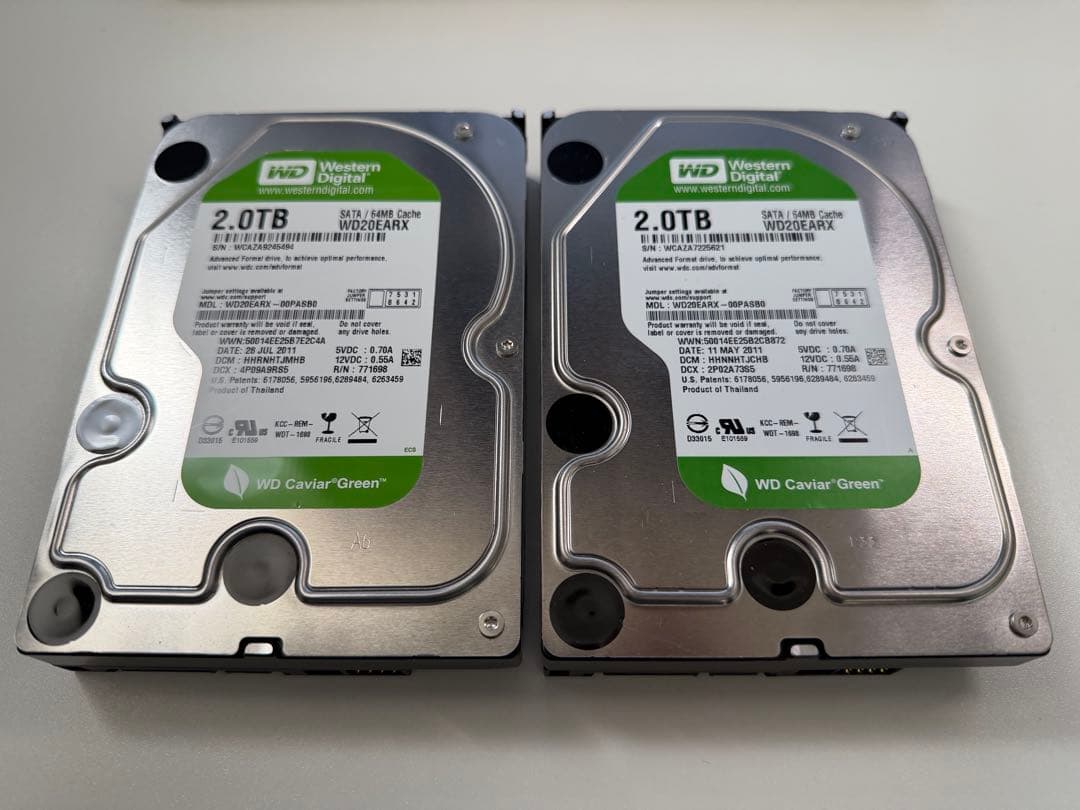 Western Digital WD20EARX 2TB HDD 2台セット