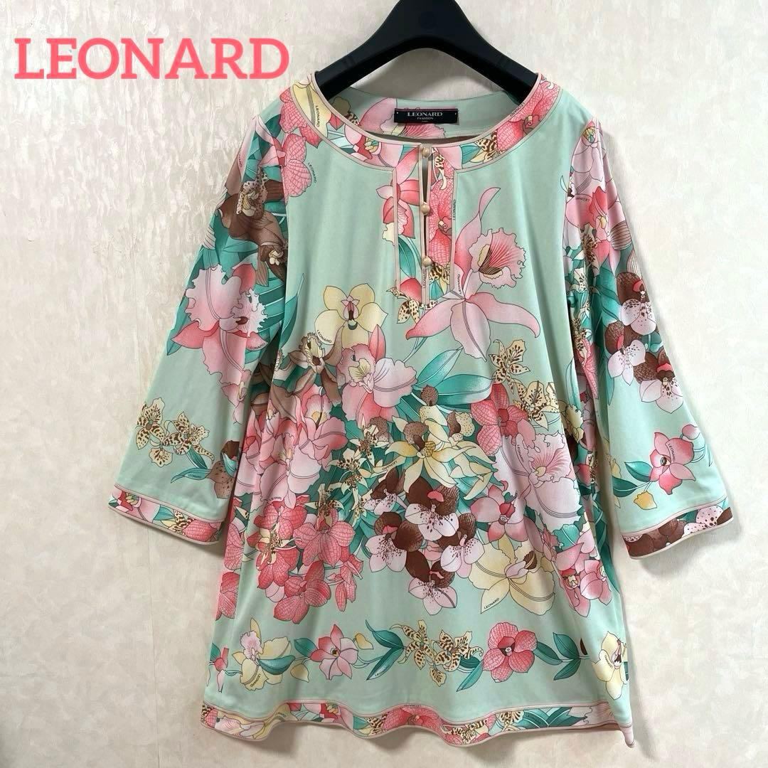 美品✨レオナール カンカン素材 チュニック フレア 多色 花柄 ゆったり L