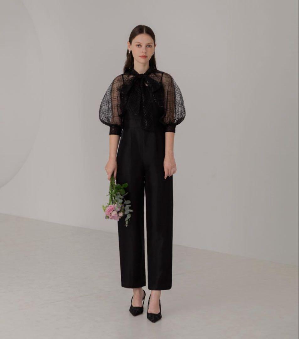 【LEJA】ドット柄スパンコールパフスリーブボレロオールインワンドレス M