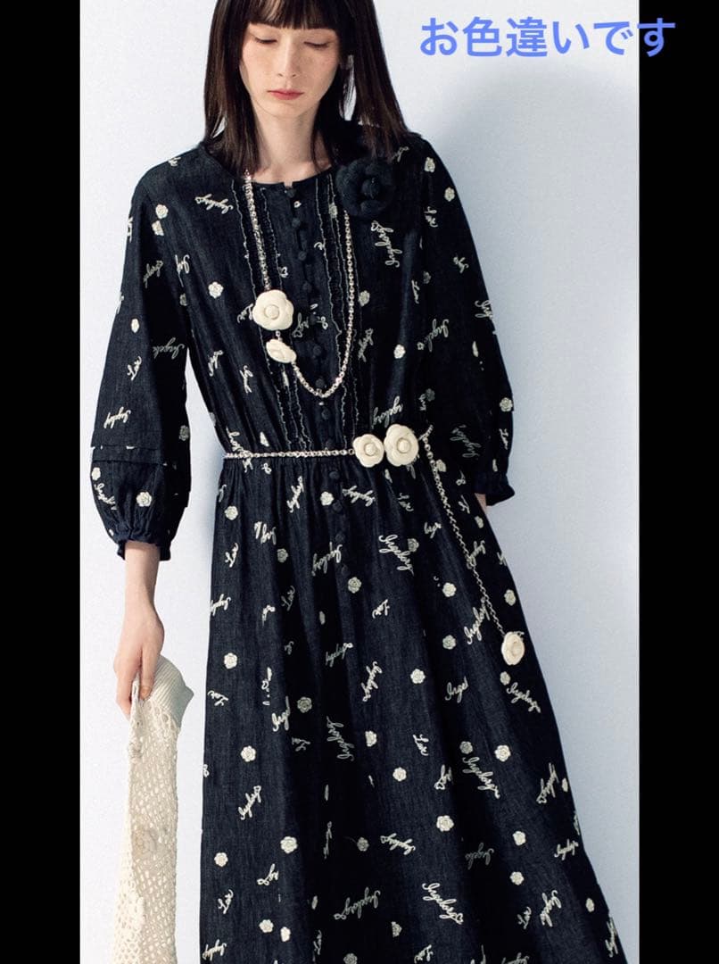 インゲボルグ ピンクハウス カメリア刺繍 ピコフリル デニムワンピース 花柄