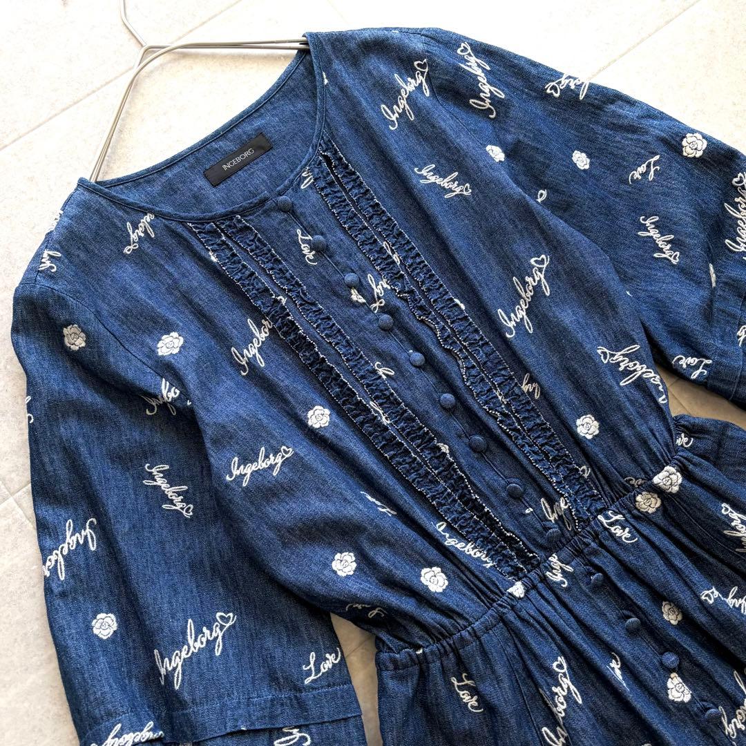 インゲボルグ ピンクハウス カメリア刺繍 ピコフリル デニムワンピース 花柄