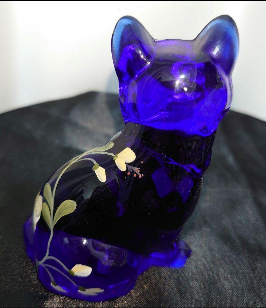 FENTON 花柄 CAT キャット 猫 フェントン ブルーガラス 置物