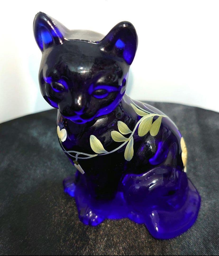 FENTON 花柄 CAT キャット 猫 フェントン ブルーガラス 置物