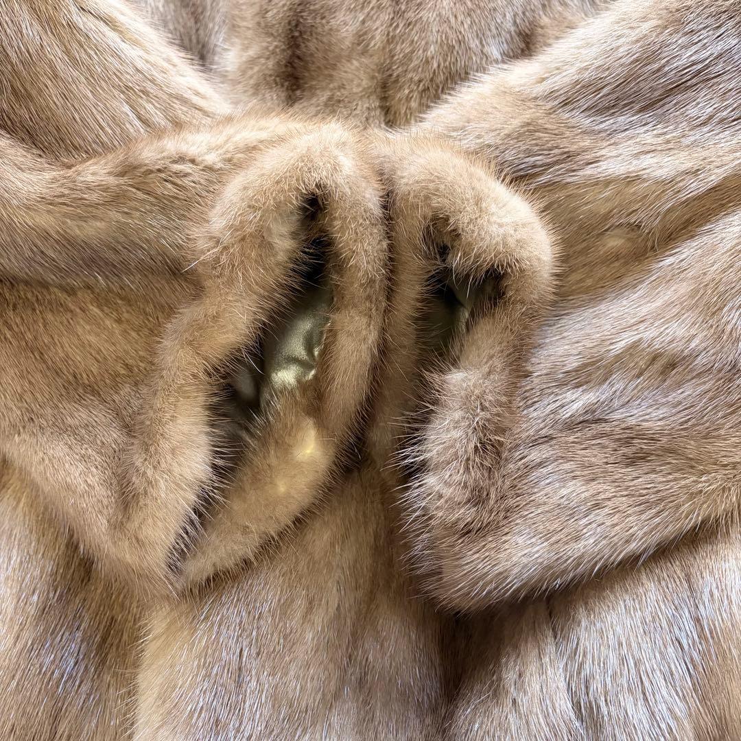 大きめ XL パステル ミンク ファー コート 花柄刺繍 女優襟 ブラウン