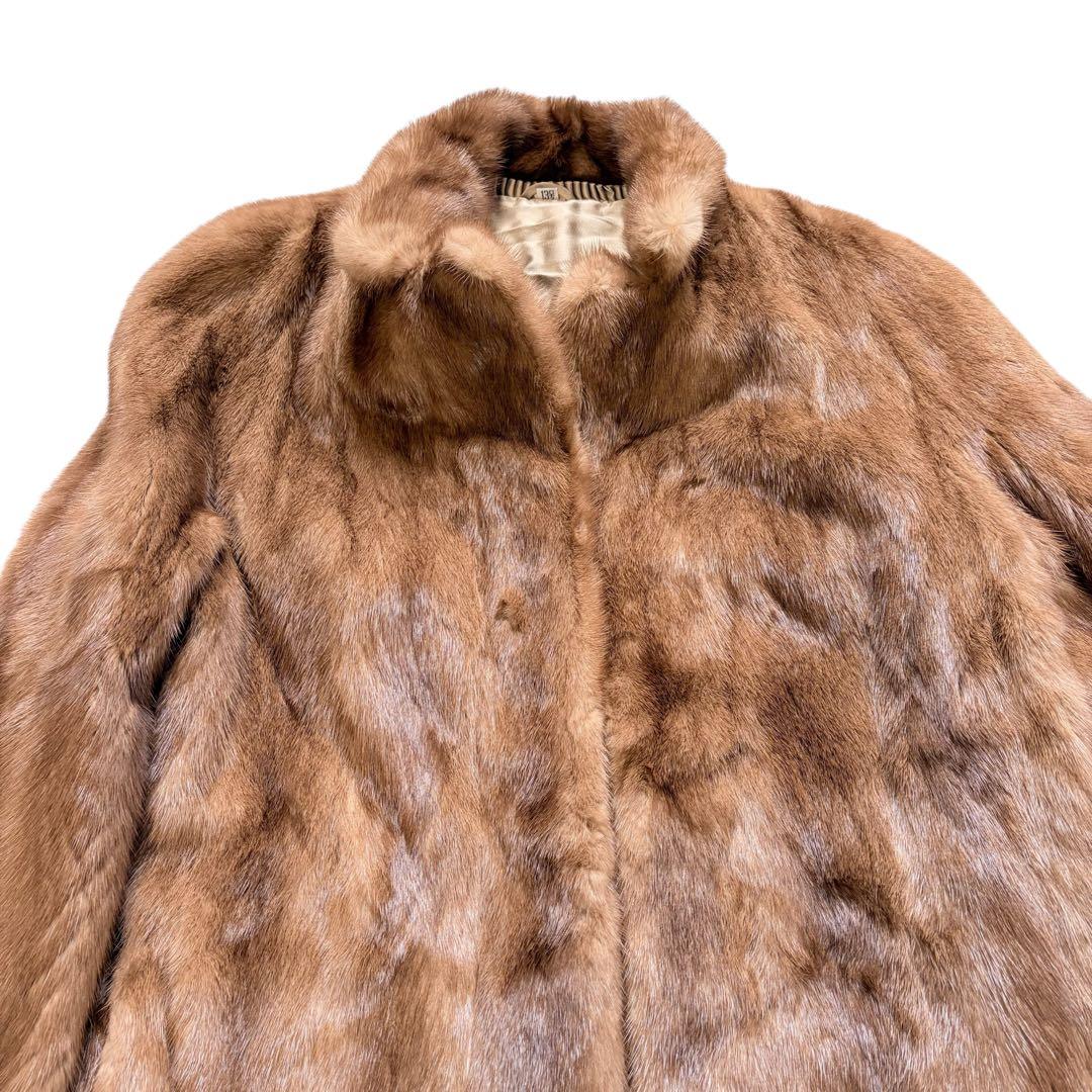 大きめ XL パステル ミンク ファー コート 花柄刺繍 女優襟 ブラウン