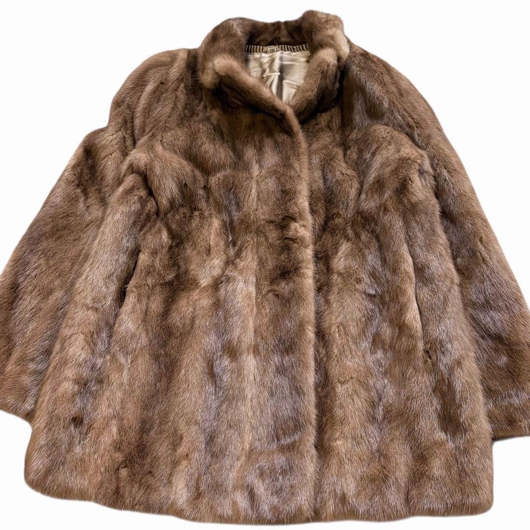 大きめ XL パステル ミンク ファー コート 花柄刺繍 女優襟 ブラウン