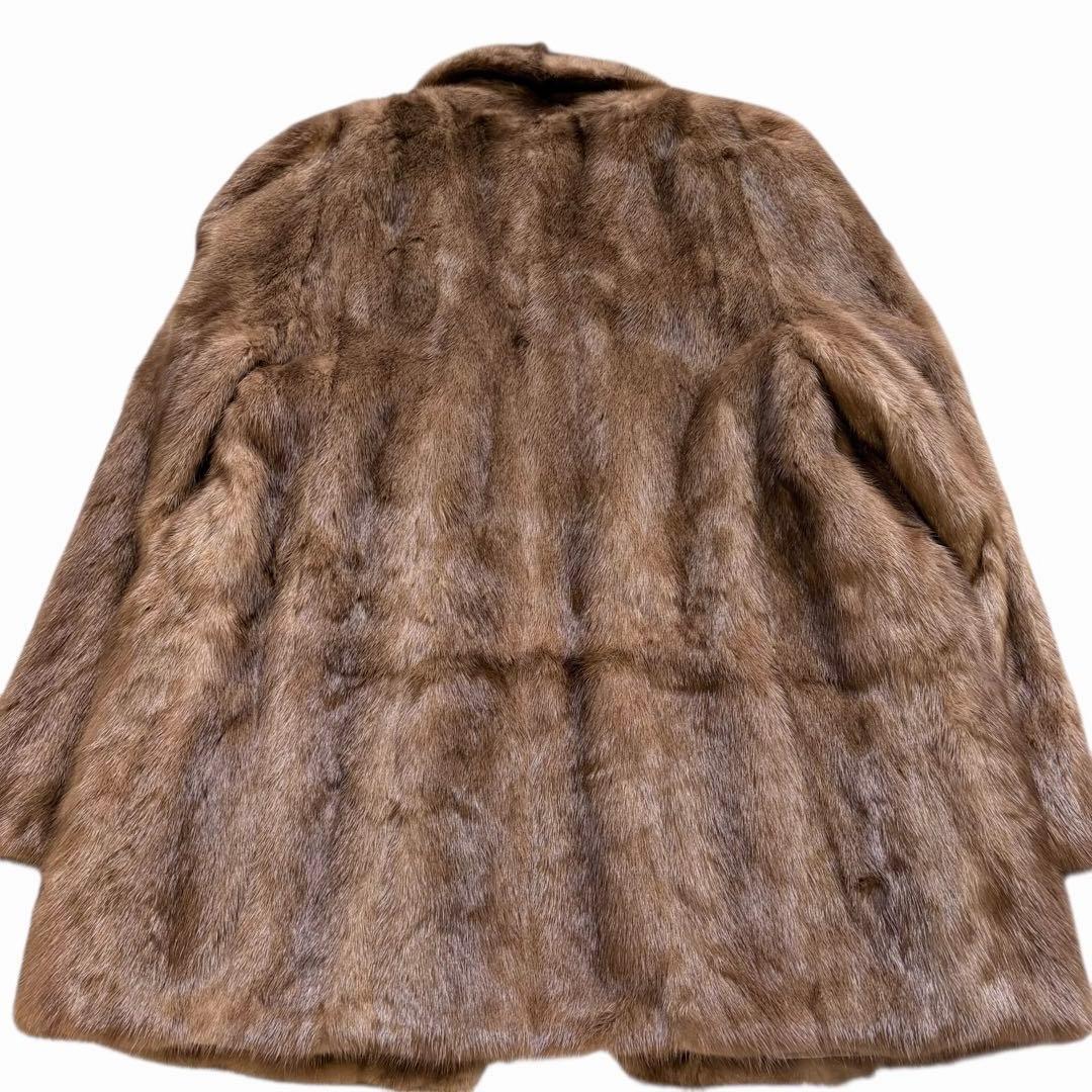 大きめ XL パステル ミンク ファー コート 花柄刺繍 女優襟 ブラウン