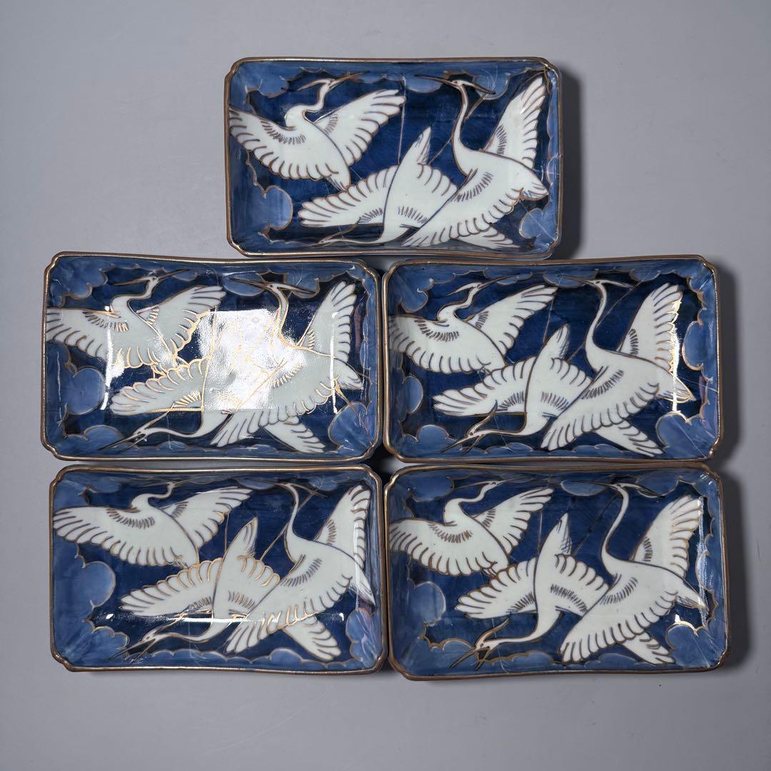 幕末明治期　染錦白鷺文様長皿　五客　古陶を楽しむ　アンティーク食器　料理屋