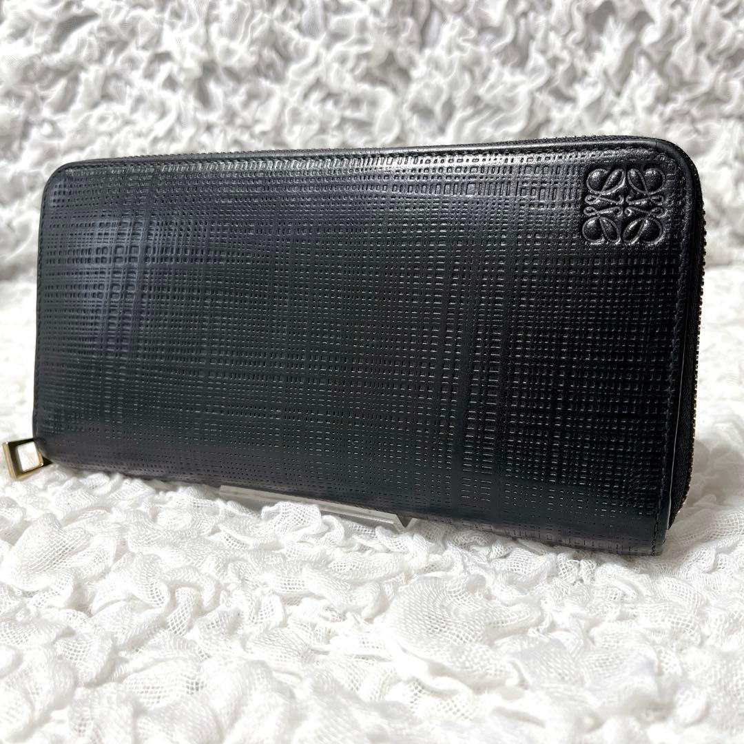 ロエベ　ラウンドファスナー　アナグラム　レザー　長財布 エンボス加工　レザー　黒