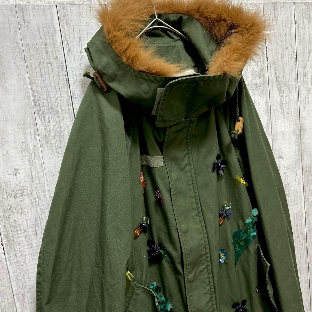 MUVEIL アクリル刺繍モッズコート　ブルーフォックスファー　フード　38