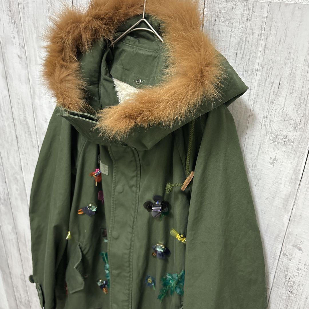 MUVEIL アクリル刺繍モッズコート　ブルーフォックスファー　フード　38