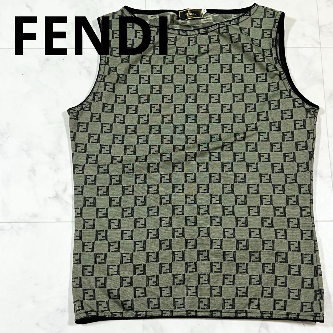 FENDI ズッカ柄 総柄 ノースリーブ トップス 42 S〜M相当 グリーン系