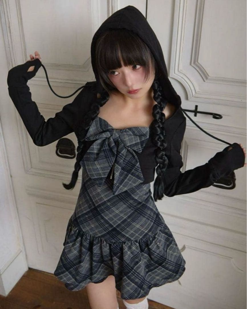 bubbles チェックパーカーワンピース ブラック