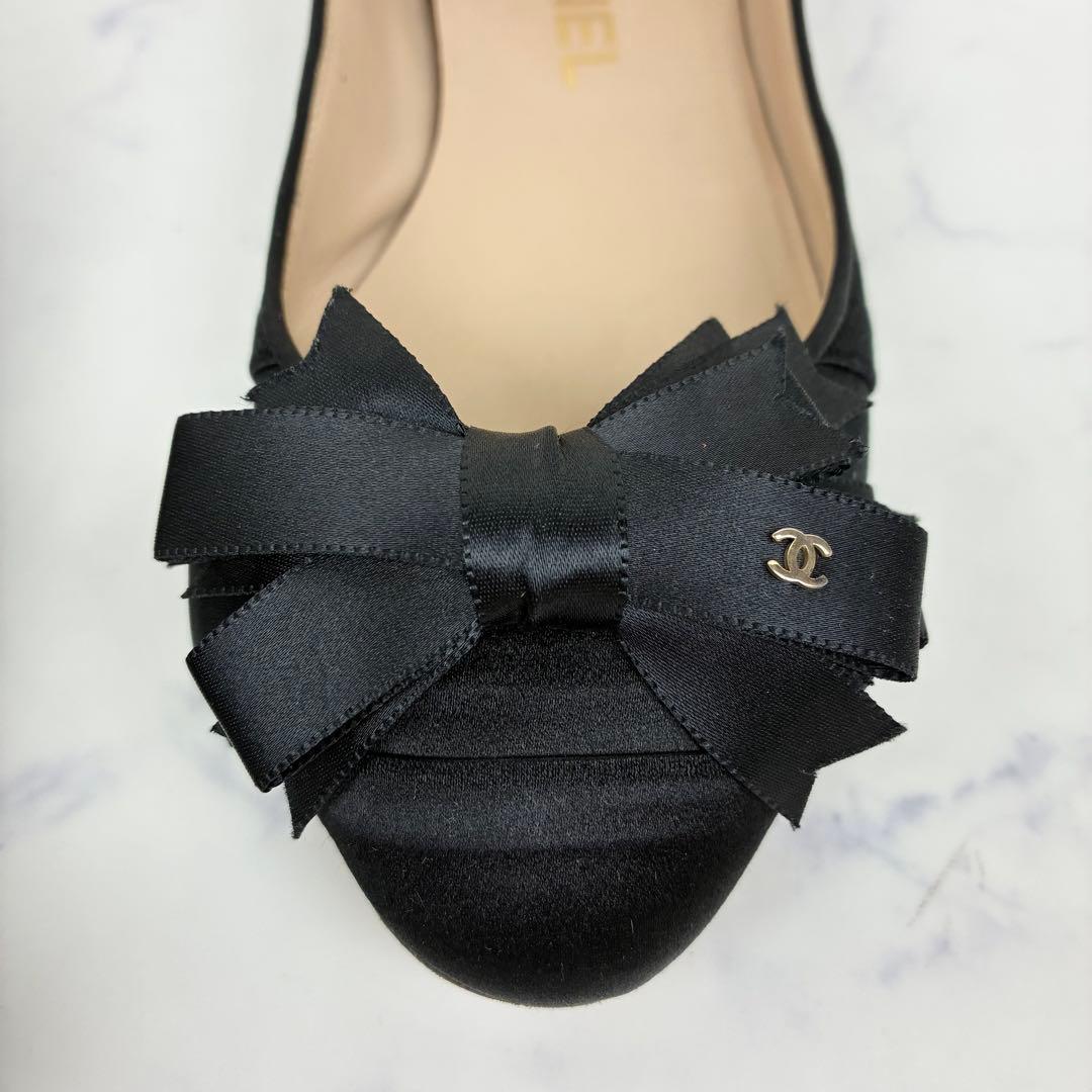 シャネル　パンプス　サテンリボン　ココマーク　バレエシューズ