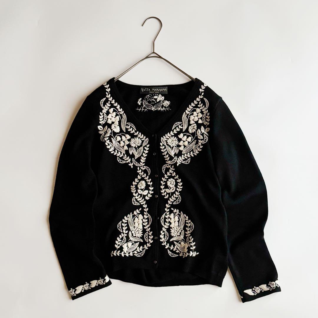 ケイタマルヤマ ウールカシミヤ ニット カーディガン 花刺繍 黒 1 フラワー