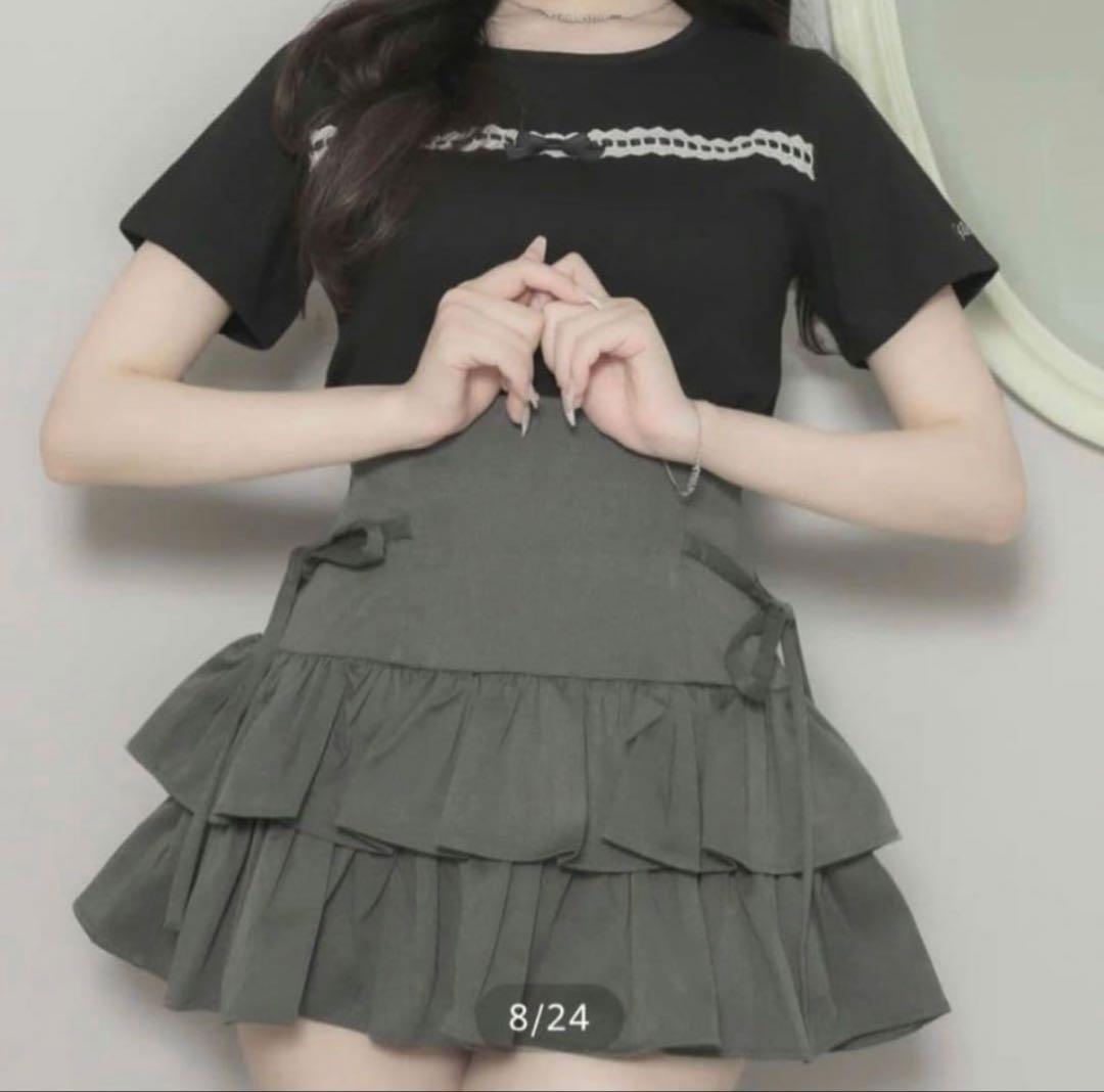 pium サイドリボンティアードスカート チャコール