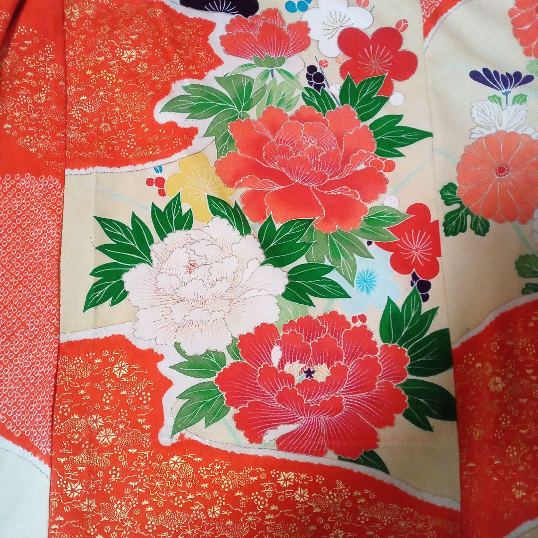 振り袖リメイクセットアップ 鹿の子絞り、花車、金駒刺繍入り