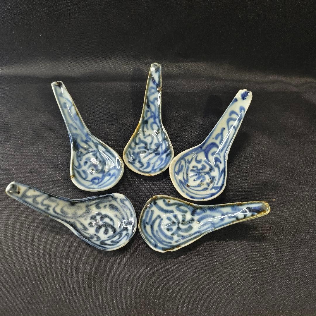 中国骨董 染付レンゲ 手描き 古美術品 アンティーク 時代物 コレクター放出美品