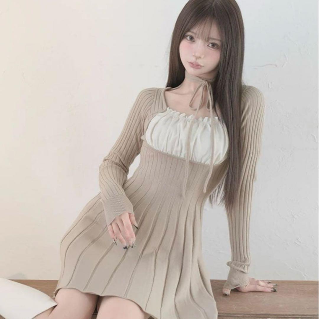 Darich ダーリッチ ネックリボンデザインフレアニットミニワンピース