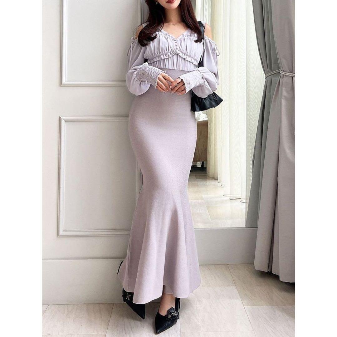 バストギャザーマーメイドワンピース　完売色ラベンダー