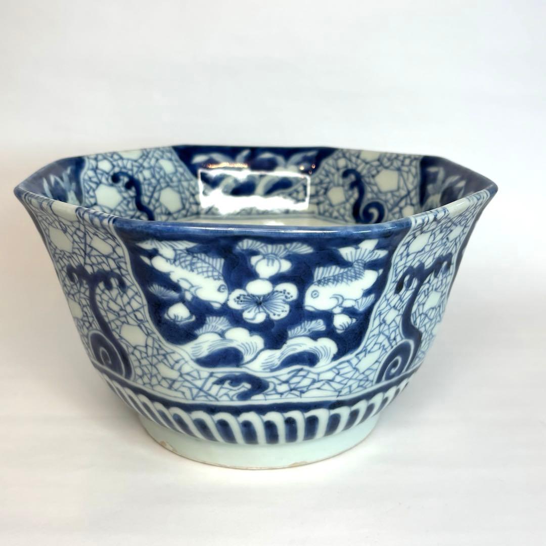 古伊万里　金魚　梅　波　八角鉢