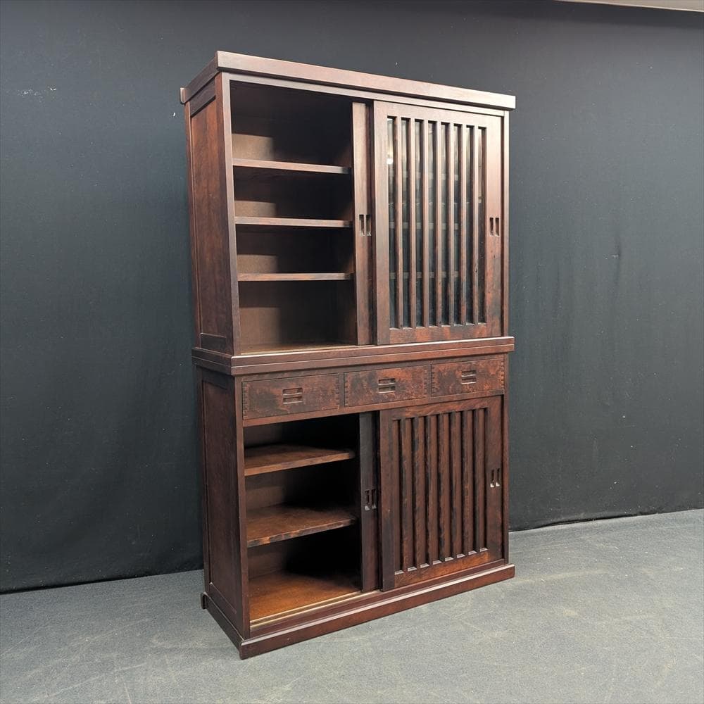 美品　和光　樺 カバ材　水屋箪笥　食器棚　キャビネット　格子　引戸　蟻組　焼印