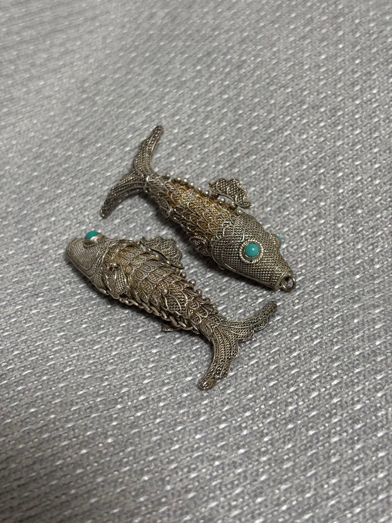 シルバー製魚の装飾品 中国美術 2匹 銀魚 箱あり