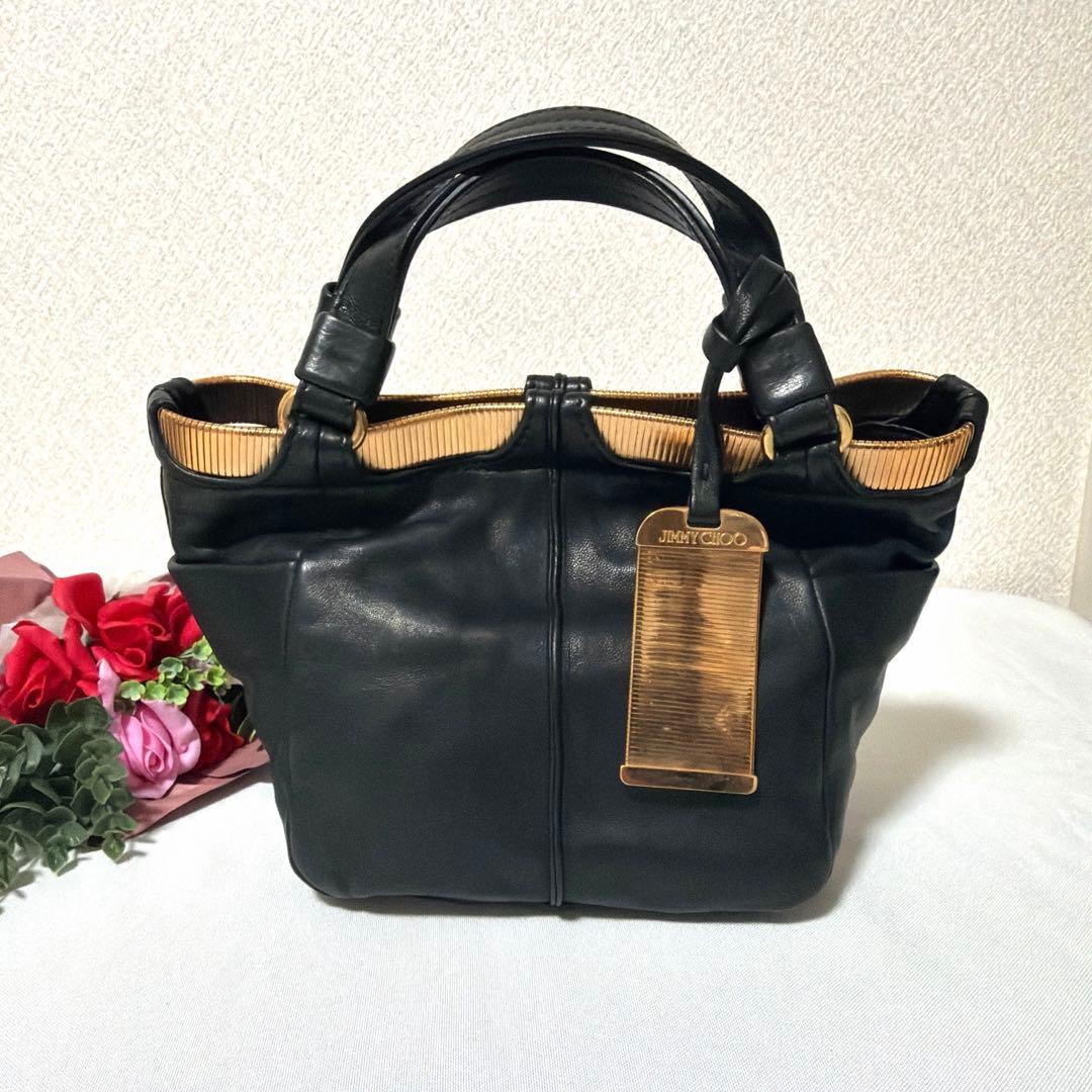 美品 JIMMY CHOO ジミーチュウ ラムスキン ゴールド金具 ハンドバッグ