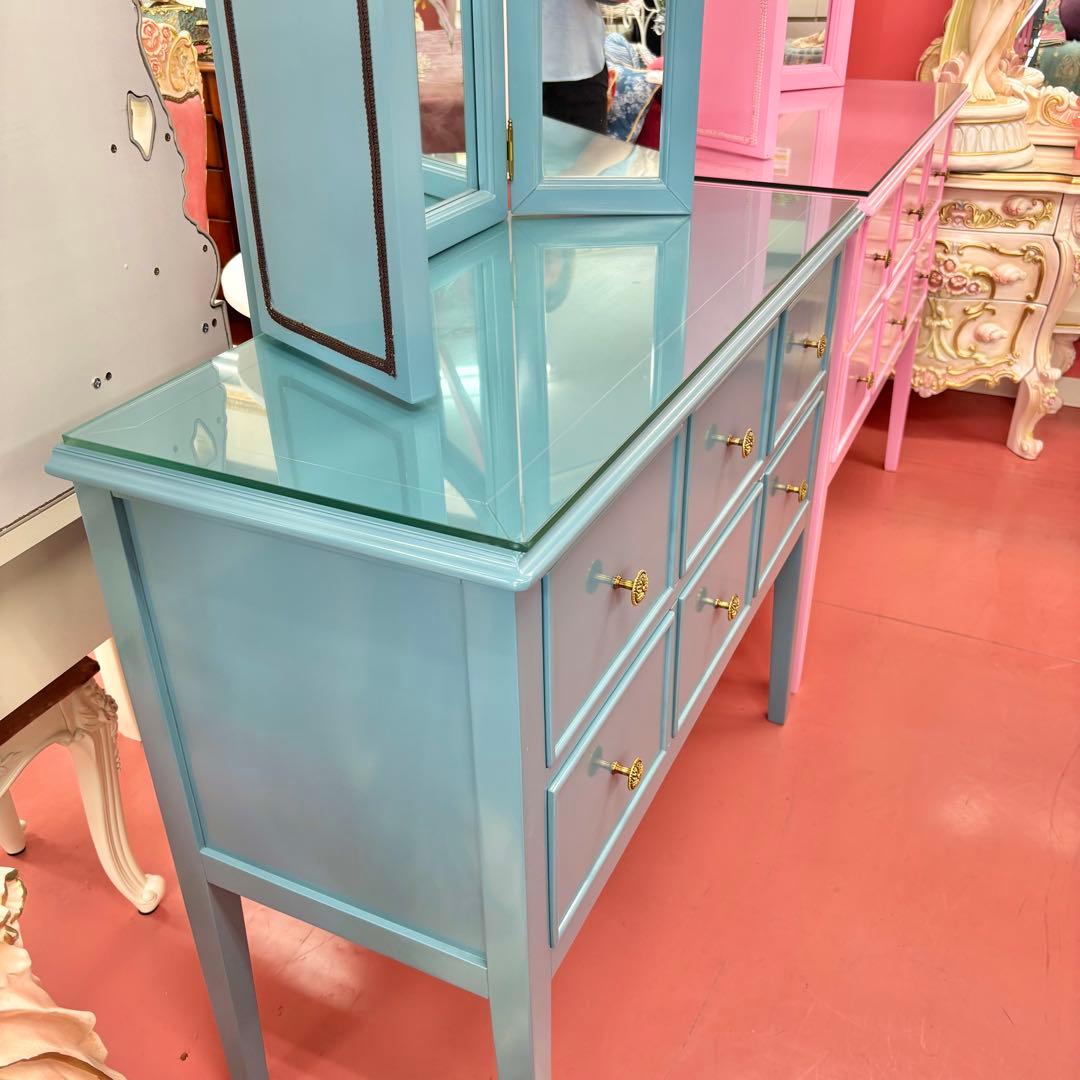 ブルー 3面鏡付 ドレッサー マホガニー材 3面鏡 高級 綺麗 開梱設置サービス