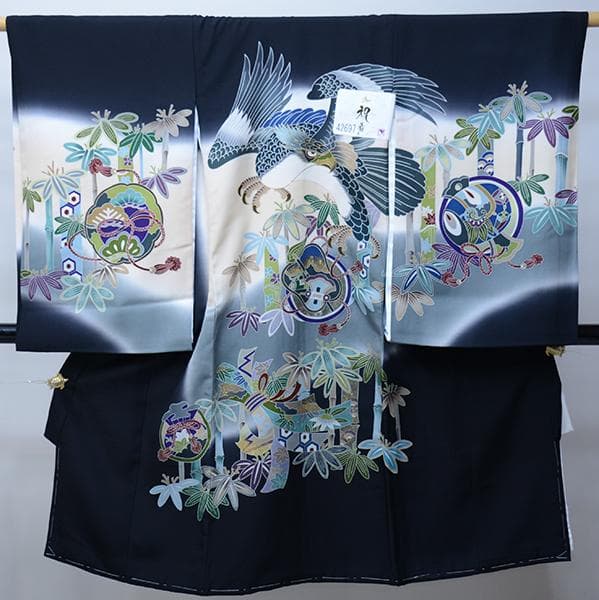 お宮参り 産着 のしめ 男児 正絹 羽二重 黒地 鷹 祝着 NO42697