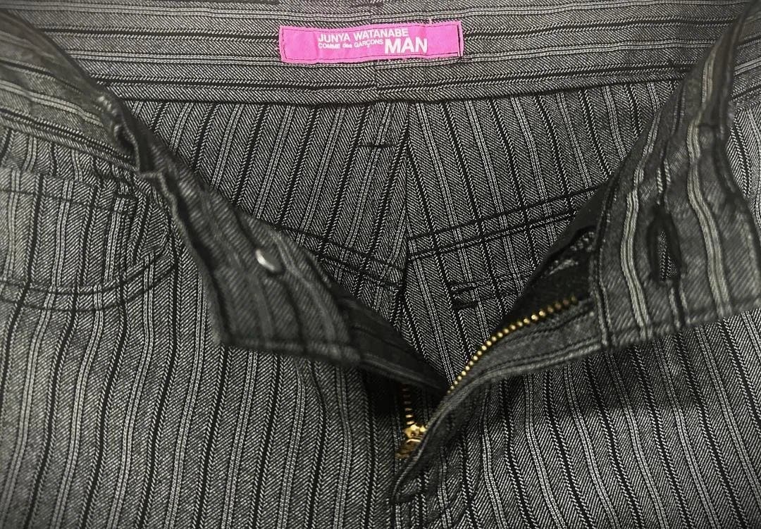 ジュンヤマンピンク グレイ＆黒 ストライプパンツ ウール＆ポリ M