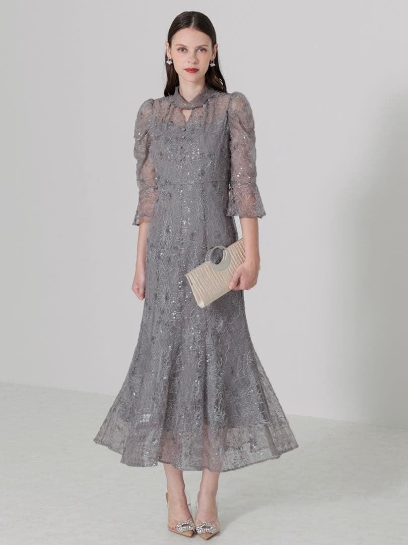 スパンコール花柄パフスリーブマーメイドワンピースドレス結婚式成人式パーティー