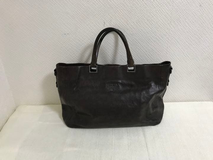 本物プラダPRADA本革レザートートハンドバッグビジネスボストンバック茶メンズ