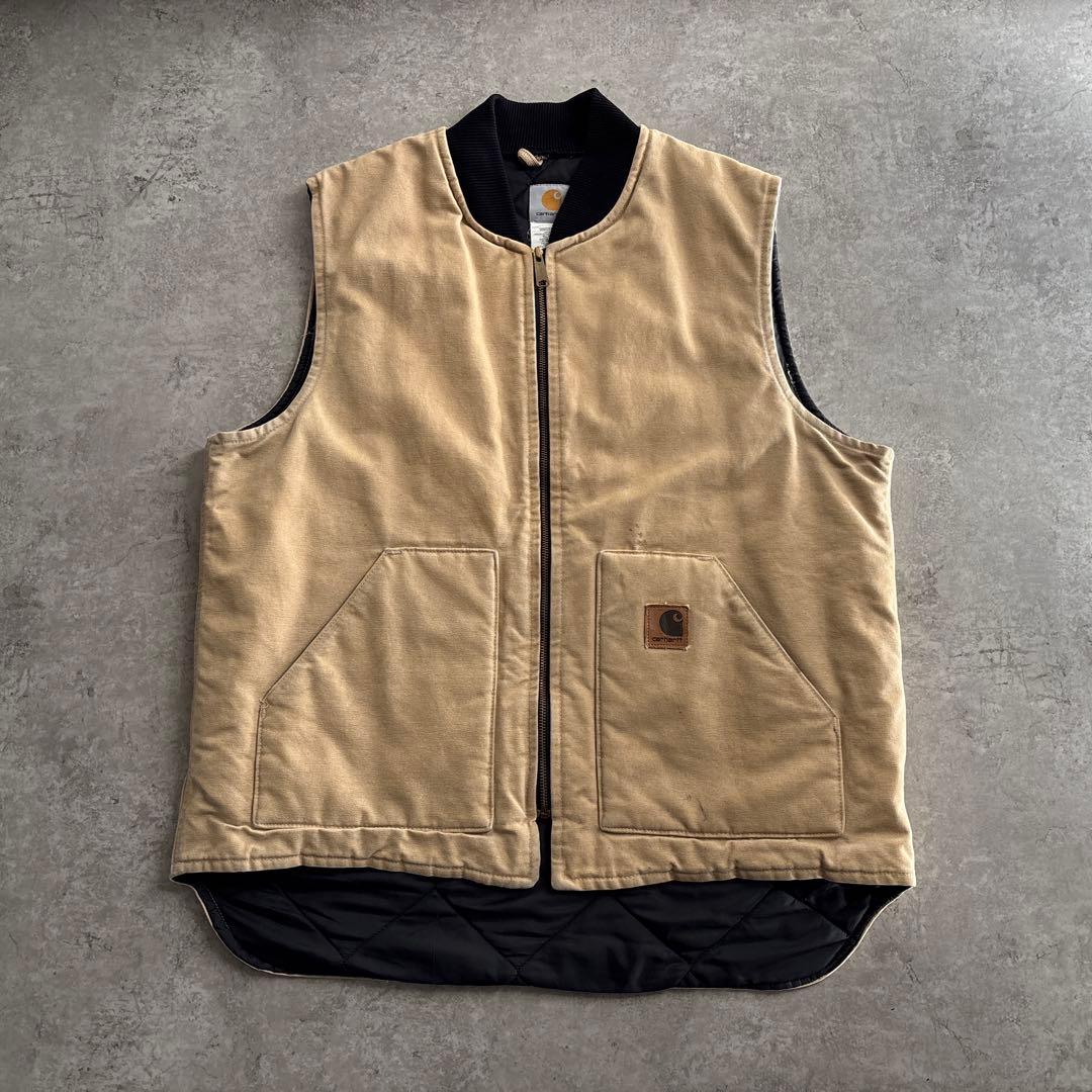 00's■USA製■carhartt【XL】ダックベスト 腰ゴム ベージュ